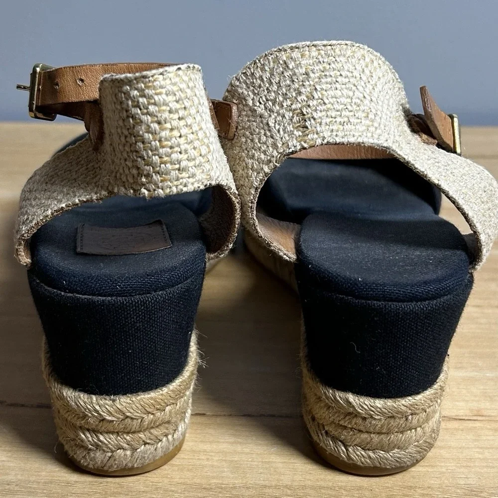 Tory Burch Black Royal Tan Knotted Bow Fabric Buckle Espadrille Wedge Sandals
